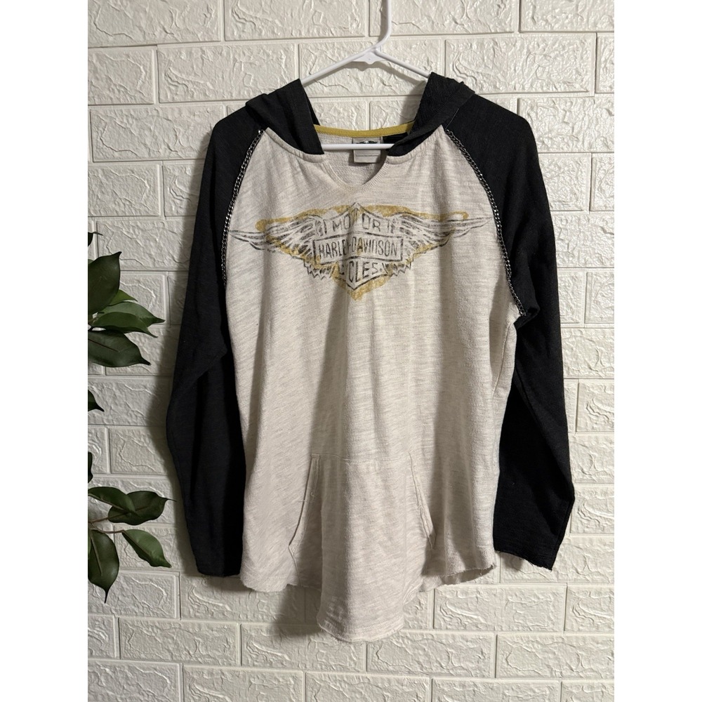 Harley Davidson Long Sleeve Hooded T-Shirt Chain Accents White Black XL